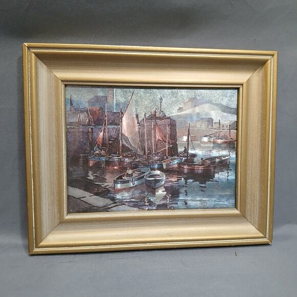 Vtg Framed Foil Art Print Schooner Sailboat Nautical Port Scene 11x9" Gold Frame - Picture 1 of 8